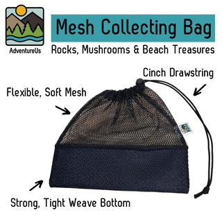 This drawstring agate bag is perfect for all your nature walks, whether you're beachcombing, rockhounding, foraging or hiking in the woods. Durable mesh. Fun & Functional. Eco-friendly Materials. Sustainably made. Available in two sizes and multiple color combos. Great for collecting treasures. MIDWEST MADE