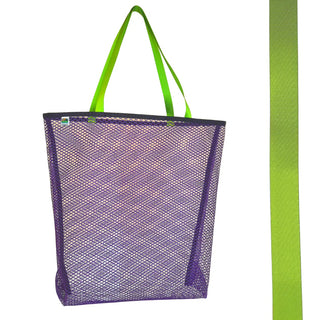 Vibrant purple mesh bag with choice of colorful handles Generous size: 23" wide by 19" tall and a 3" gusseted base Eco-friendly manufacturer remnant (leftover) mesh Strong seams with nylon binding Durable, heaty-duty, shoulder length handles