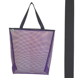 Vibrant purple mesh bag with choice of colorful handles Generous size: 23" wide by 19" tall and a 3" gusseted base Eco-friendly manufacturer remnant (leftover) mesh Strong seams with nylon binding Durable, heaty-duty, shoulder length handles