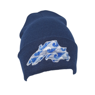 This beanie will keep you warm while showing off your love for the big lake. Super stretchy knit One size fits most Embroidered in our Washburn, Wisconsin sewing studio Materials: 60% recycled polyester/40% acrylic