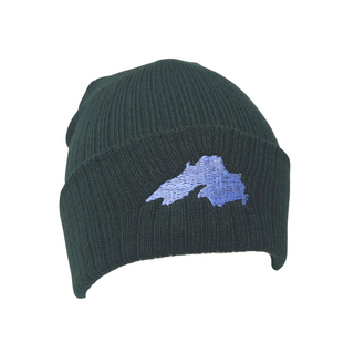 This beanie will keep you warm while showing off your love for the big lake. Super stretchy Narrow rib knit One size fits most Embroidered in our Washburn, Wisconsin sewing studio Materials: 50% recycled polyester/50% acrylic
