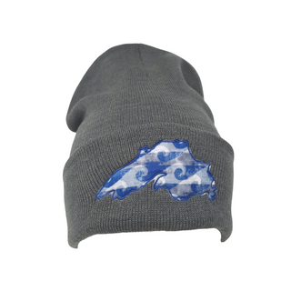 This beanie will keep you warm while showing off your love for the big lake. Super stretchy knit One size fits most Embroidered in our Washburn, Wisconsin sewing studio Materials: 60% recycled polyester/40% acrylic