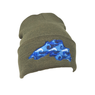 This beanie will keep you warm while showing off your love for the big lake. Super stretchy knit One size fits most Embroidered in our Washburn, Wisconsin sewing studio Materials: 60% recycled polyester/40% acrylic