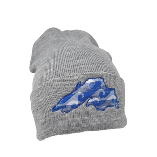 This beanie will keep you warm while showing off your love for the big lake. Super stretchy knit One size fits most Embroidered in our Washburn, Wisconsin sewing studio Materials: 60% recycled polyester/40% acrylic