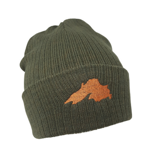 This beanie will keep you warm while showing off your love for the big lake. Super stretchy Narrow rib knit One size fits most Embroidered in our Washburn, Wisconsin sewing studio Materials: 50% recycled polyester/50% acrylic