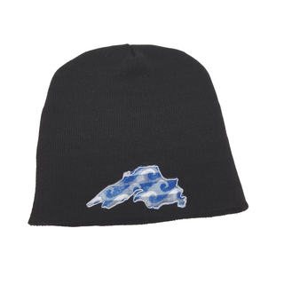 This beanie will keep you warm while showing off your love for the big lake. 8" tall with no cuff Super stretchy knit One size fits most Great for kids too Embroidered in our Washburn, Wisconsin sewing studio Materials: 100% acrylic