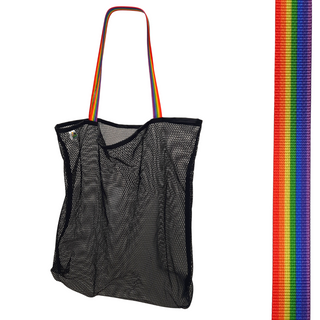 Black mesh bag with choice of colorful handles Generous size: 23" wide by 19" tall and a 3" gusseted base Eco-friendly manufacturer remnant (leftover) mesh Strong seams with nylon binding Durable, heaty-duty, shoulder length handles