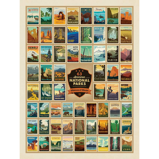 This large panel features the 63 American National Parks Wilderness & Wonder patch surrounded by a patchwork of 63 unique national park posters.  Panel size is 54" x 72". Official licensed product.
